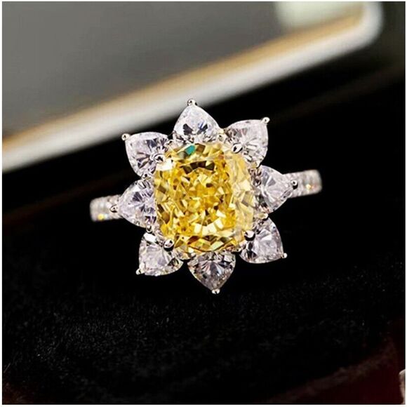 🌻 Sterling Silver Sparkling Canary Yellow Cz Diamond Sunflower Ring - Picture 14 of 16